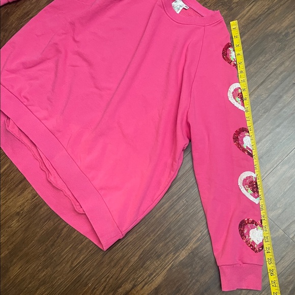 Queen of Sparkles Heart on Your Sleeve sequin hot pink Valentine’s Sweatshirt XL - Picture 12 of 15